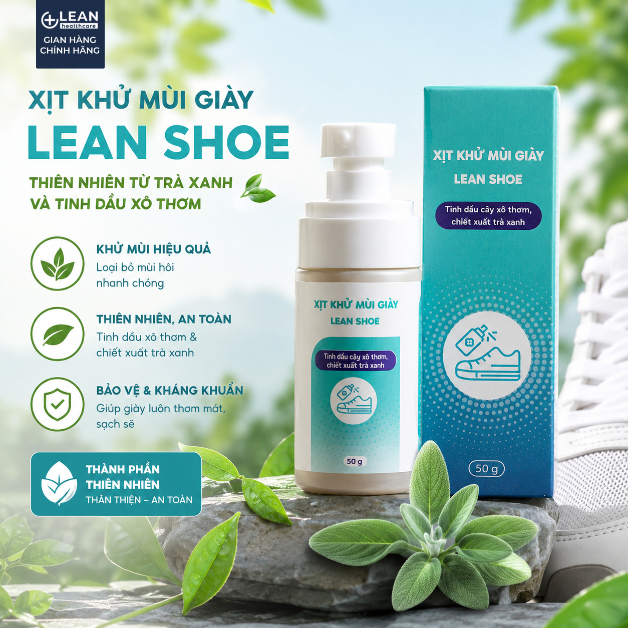 Lean Shoe Xịt Khử Mùi Hôi Giày và Chân Kháng Khuẩn Chiết Xuất Trà Xanh Xô Thơm 50ml