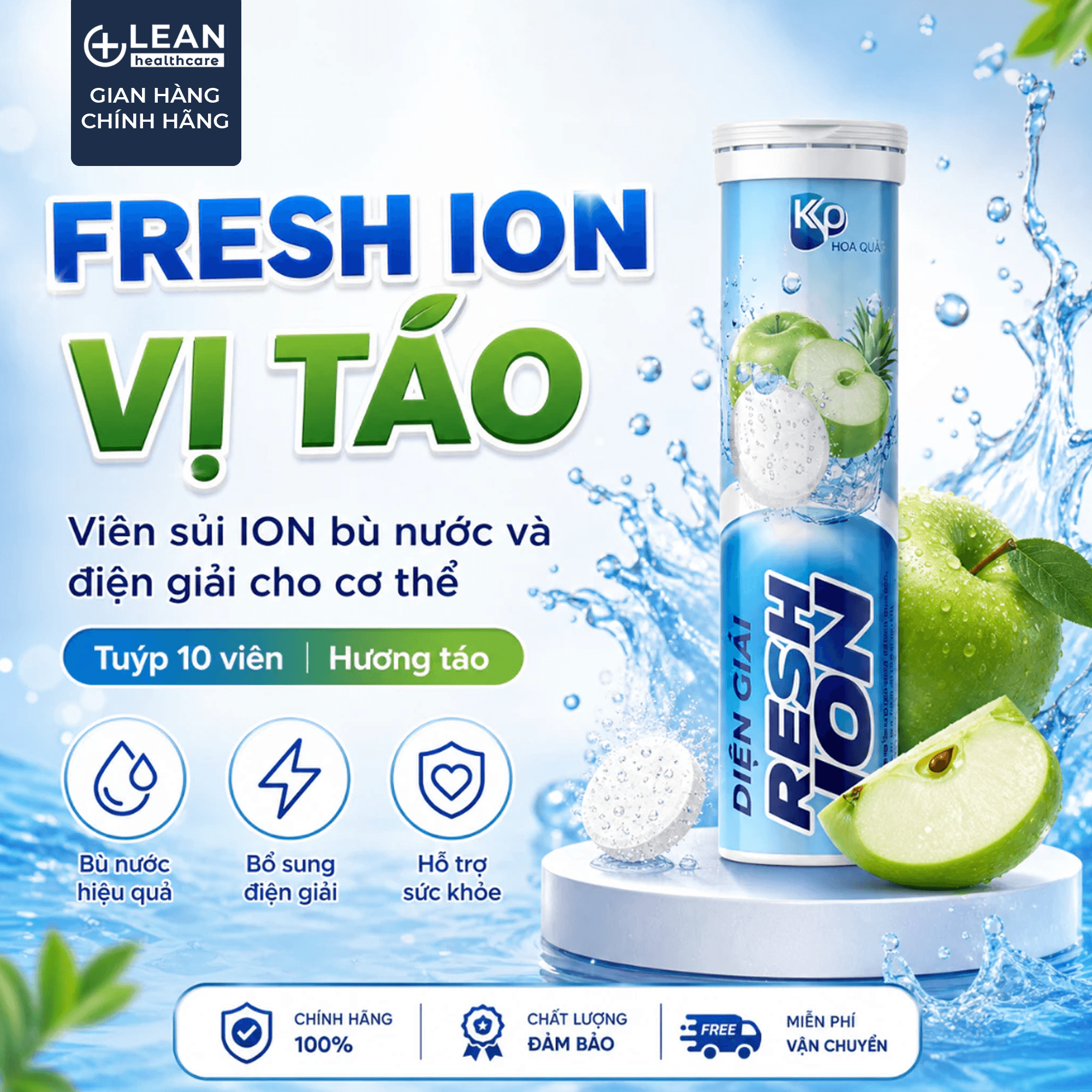 (Vị TÁO) Viên Sủi Điện Giải FRESH ION Bù Nước Bù Khoáng Nước Uống Thể Thao Giảm Hoa Mắt Chóng Mặt (Tuýp 10 viên) (Sao chép) (Sao chép)