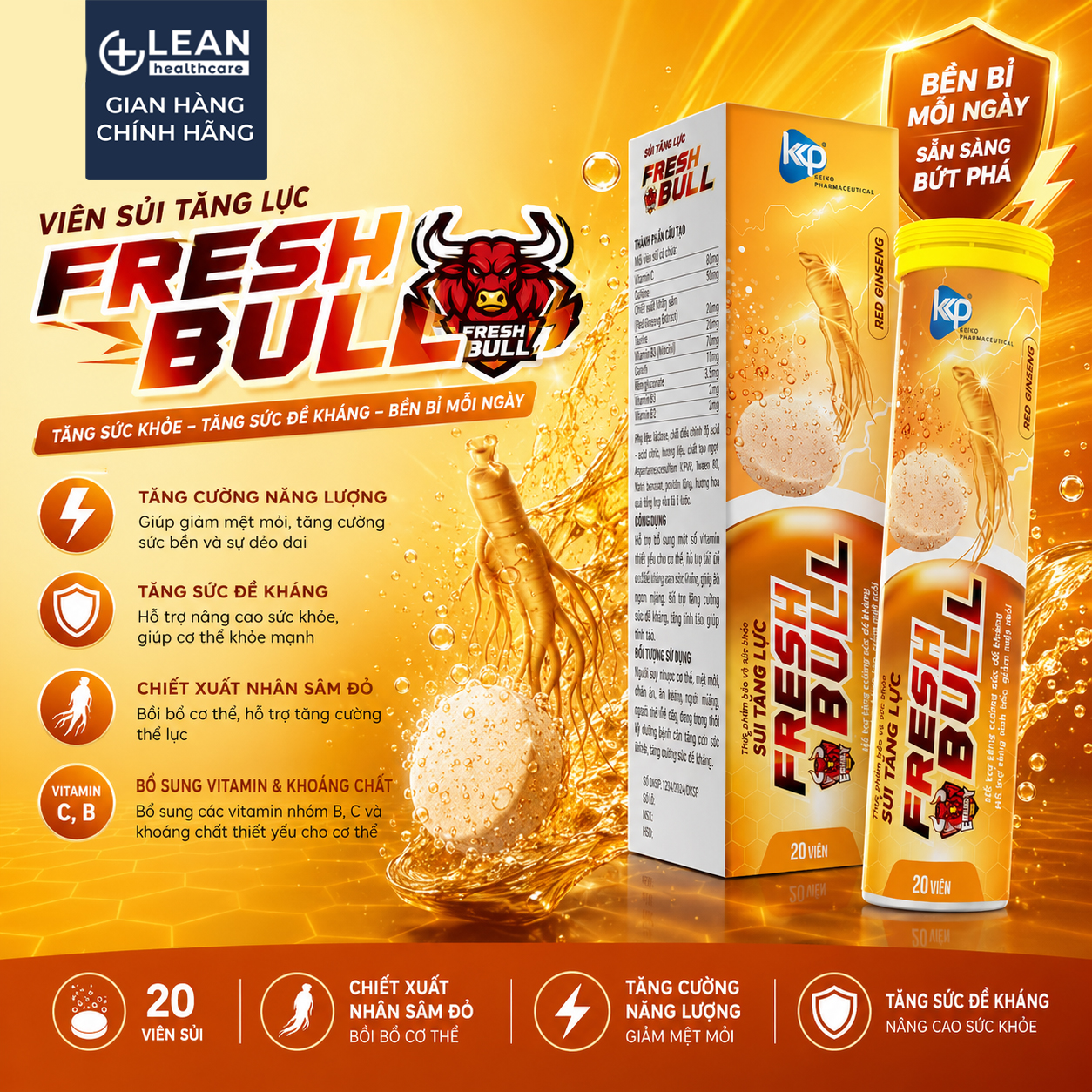 Viên Sủi Tăng Lực FRESH BULL Nhâm Sâm Bổ Sung Năng Lượng, Giảm Căng Thẳng Mệt Mỏi (Tuýp 20 viên)