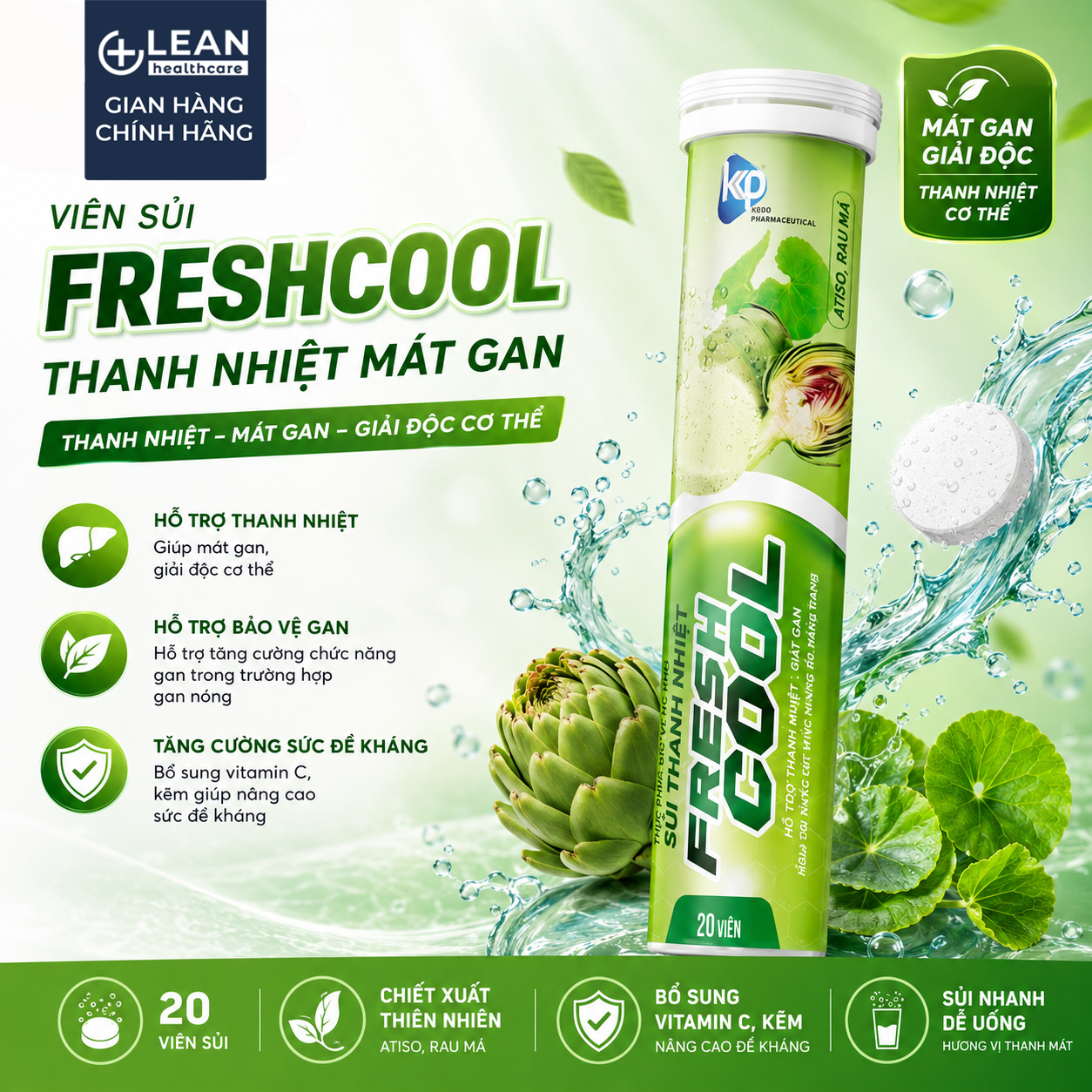 Fresh Cool Sủi Mát Gan Thanh Nhiệt-tuýp 20 viên, hương hoa quả, giúp giải độc, mát gan, tăng sức đề kháng.