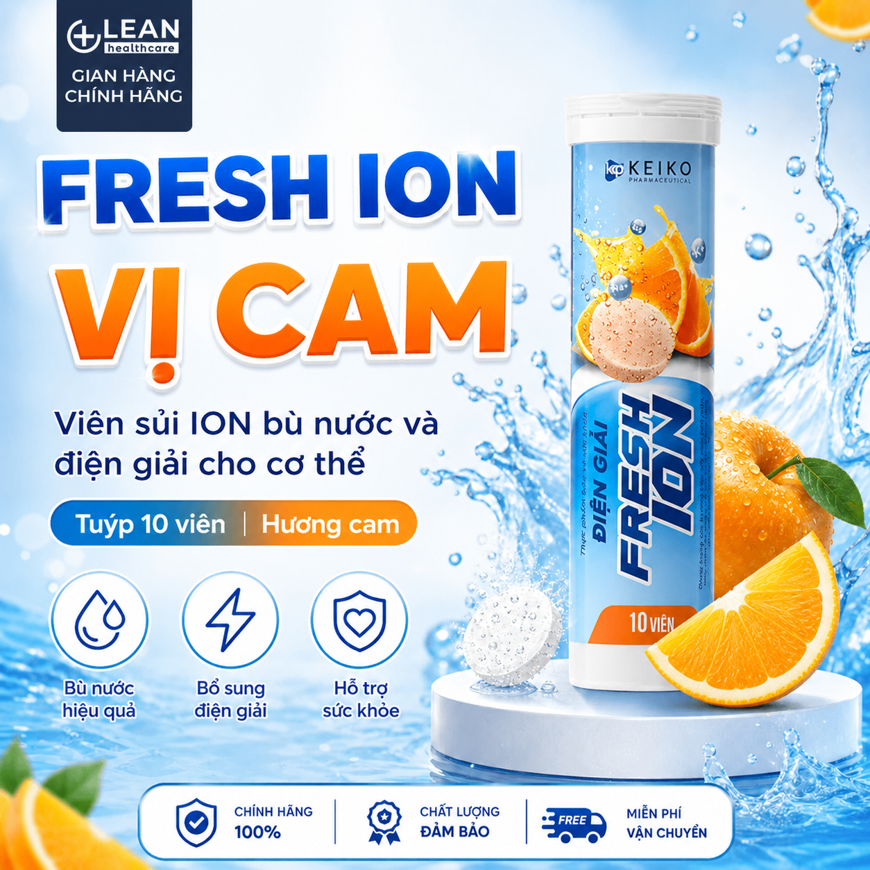 (VỊ CAM) Viên Sủi Điện Giải FRESH ION Bù Nước Bù Khoáng Nước Uống Thể Thao Giảm Hoa Mắt Chóng Mặt (Tuýp 10 viên)