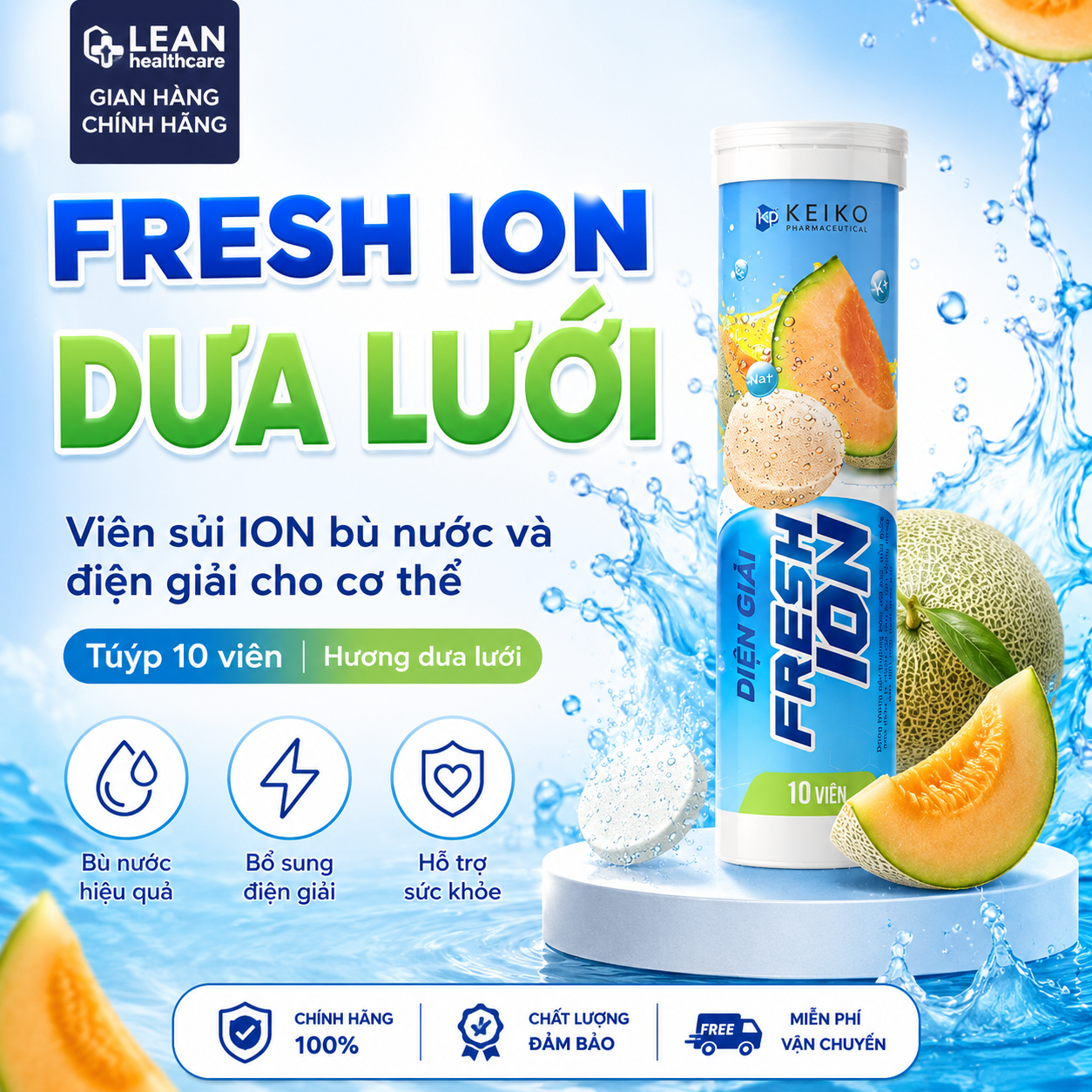 (Vị Dưa Lưới) Viên Sủi Điện Giải FRESH ION Bù Nước Bù Khoáng Nước Uống Thể Thao Giảm Hoa Mắt Chóng Mặt (Tuýp 10 viên) (Sao chép)