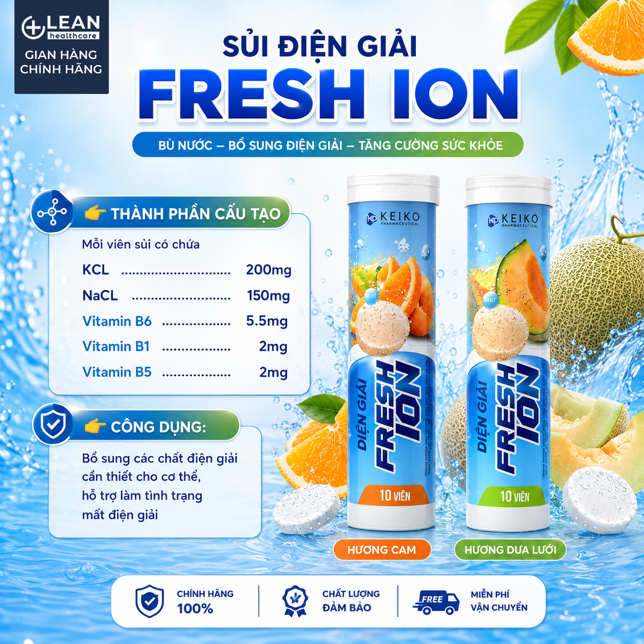 (VỊ CAM) Viên Sủi Điện Giải FRESH ION Bù Nước Bù Khoáng Nước Uống Thể Thao Giảm Hoa Mắt Chóng Mặt (Tuýp 10 viên) - Ảnh 3